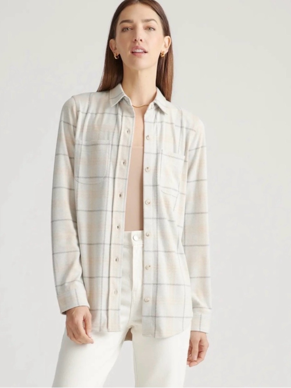 Quince Women’s Button Down Sweater Stretch Knit‎ Plaid Fleece Shirt Size Small